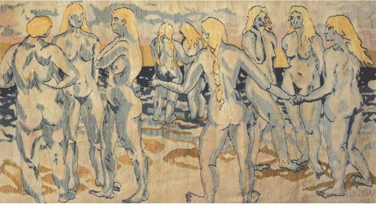 Heimdal's Nine Mothers,tapestry, wool on cotton, 56" x 92", 1986. In Norse Mythology, Heimdal was the watchman of the gods and guarded Bifrost, the rainbow bridge to heaven. He was born where the land meets the sea, by nine mothers who were all giants, sisters, and virgins, and together personify the waves.