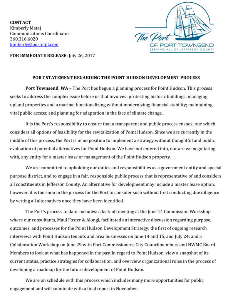 The port released this letter regarding Point Hudson.