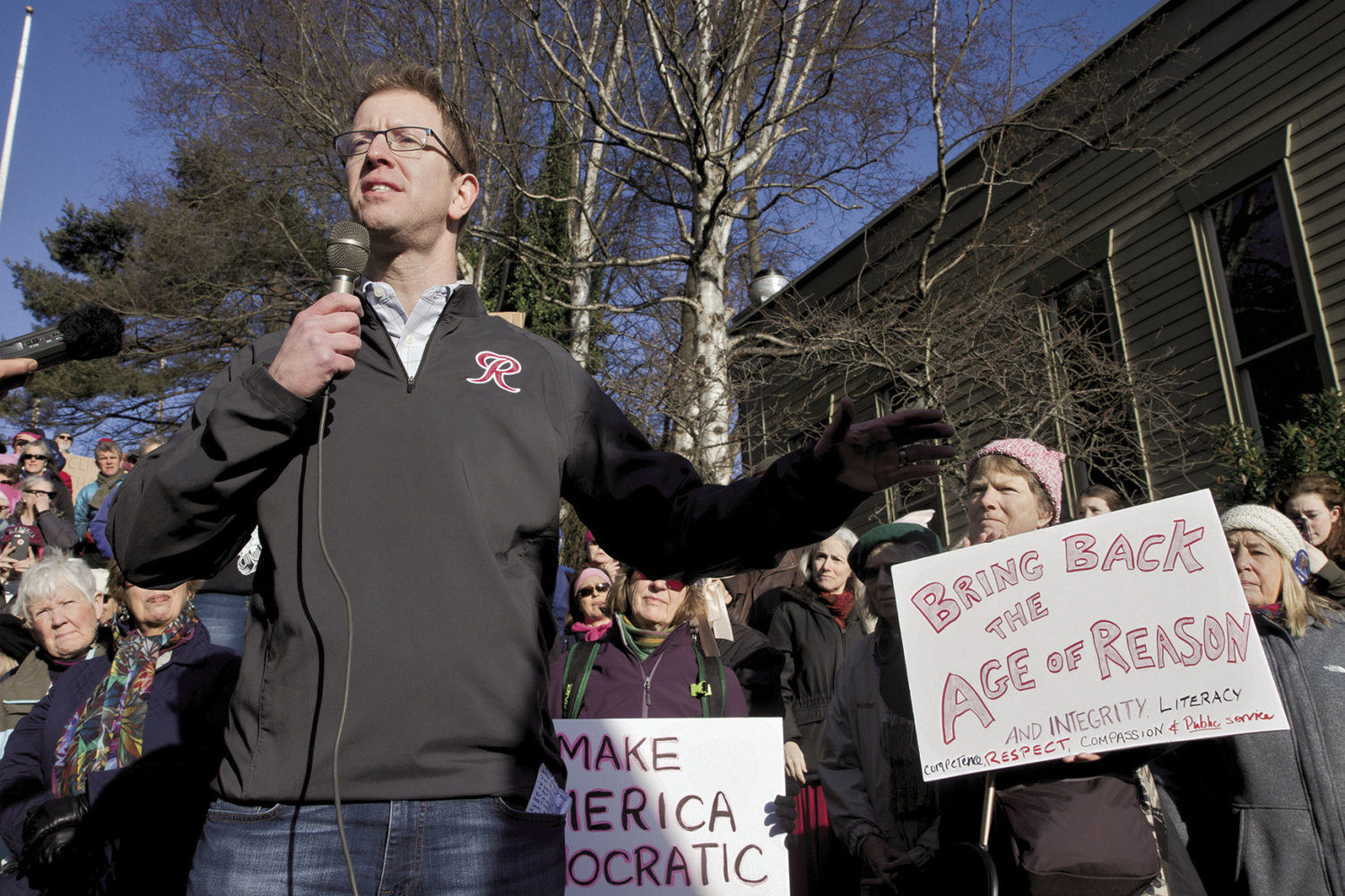 U.S. Rep. Derek Kilmer spoke to an audience of almost 1,000 in downtown Port Townsend Saturday, Jan. 21, telling constituents it was important that they were there to stand up for health care, immigrants, climate change, women of all ages and children. File photo by Allison Arthur