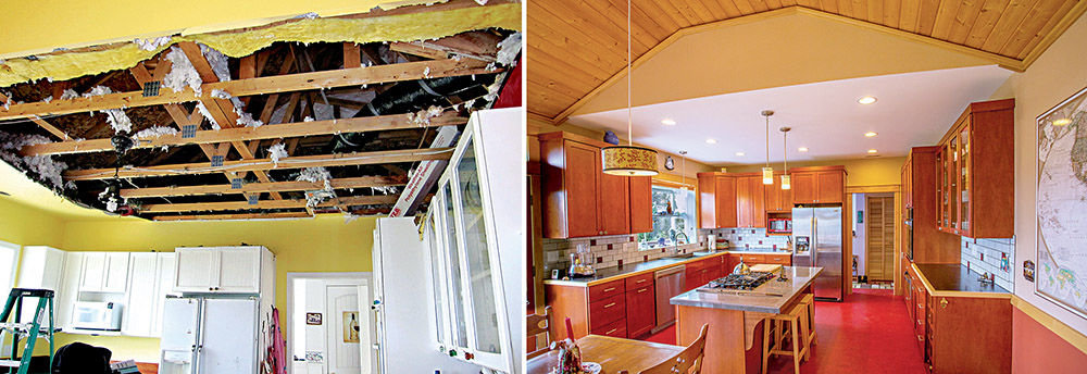 A broken water pipe damaged the kitchen of Pat and Paul Aniotzbehere in 2010 (left). In 2011, the Aniotzbeheres remodeled their kitchen and turned their kitchen nightmare into a kitchen showcase (right). Photos courtesy Mitchel Osborne Photography