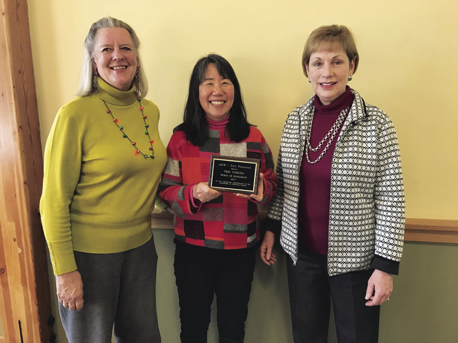 Teri Nomura (center), received the AAUW PT's Woman of Excellence award, with AAUW PT copresidents Jean Stastny (left) and Lynn Meyer. Courtesy photo