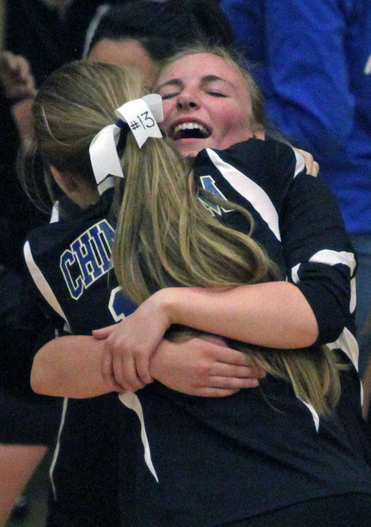 Sophomore Aurora Plunkett embraces sophomore Molly Meissner after Chimacum topped Port Townsend on Sept. 20. Photo by Nicholas Johnson