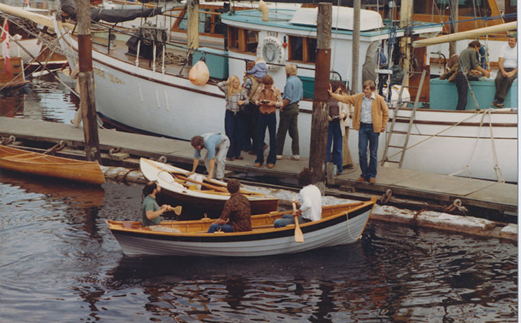 Bertram Levy (left) with Larry Pardey and Richard Blagborne in the 14-foot salmon wherry Levy debuted at the 1978 Port Townsend Wooden Boat Festival. Levy attended the 1977 festival. Photo courtesy Bertram Levy