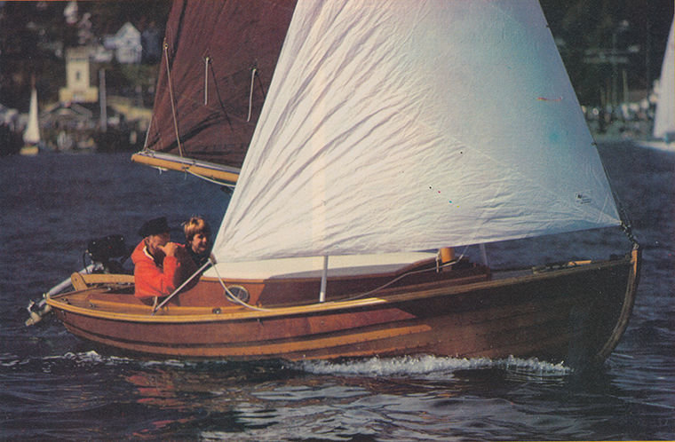 The 1978 Wooden Boat Festival included a closed race for sailboats. Point Hudson's Sail Loft tower is visible at upper left. Photo by Steve Hilson