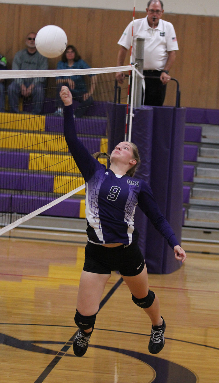 Quilcene senior Allison Jones saves a ball near the net. The Lady Rangers are slated to host Seattle Lutheran at 6 p.m. Sept. 22 and host Chimacum at 5 p.m. Sept. 26. Photo by Patrick Sullivan