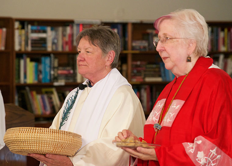 Jefferson County resident Judy Dahl (left), with Bishop Olivia Doko of the Roman Catholic Women Priests, on Aug. 5 at Cape George, where Dahl was ordained. Photo courtesy Leah Mitchell
