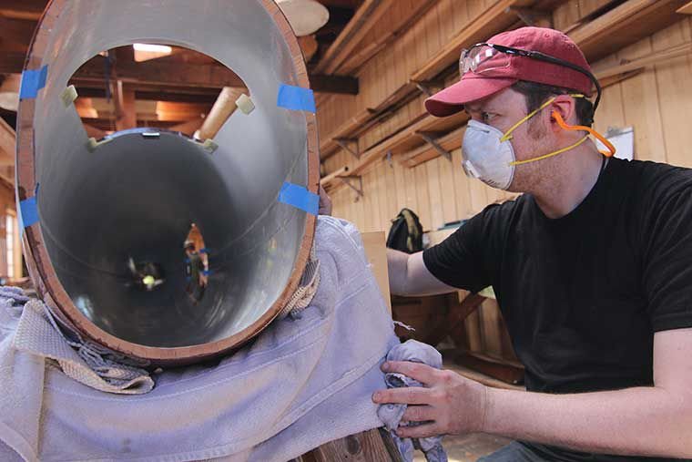 The University of Washington Human Powered Submarine Team is set to publicly present the submarine at the 40th annual Wooden Boat Festival in Port Townsend on Friday, Sept. 9 and on Sunday, Sept. 11, with both presentations at 1:30 p.m. The sub is intended to compete in a contest, in a pool. A pilot in scuba gear (subs are flooded for safety reasons) pedals his or her sub along a 175-meter course, trying to beat the clock and navigate slalom gates. Photo by Jacqueline Allison