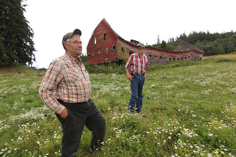 Brothers Wayne Bishop (left) and Gerald Bishop stand in front of the barn formerly owned by their friends the McConaghy family. The Bishops and McConaghys ran side-by-side dairies for more than 50 years in Jefferson County. In the 1950s, Jefferson County was the top dairy-producing county in Washington state. Today, Bishop Dairy is the only such farm to survive. Photo by Jacqueline Allison