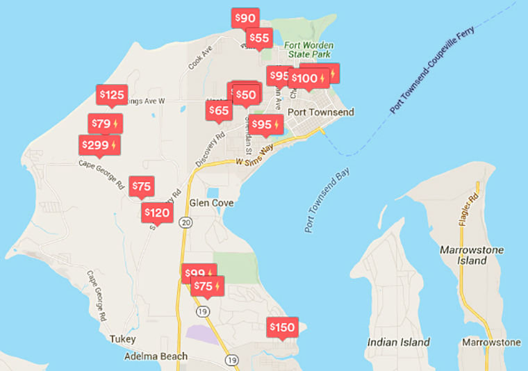 This screen shot shows the prices and approximate locations of Airbnb rentals available May 4 in Port Townsend, as seen on airbnb.com on May 3.
