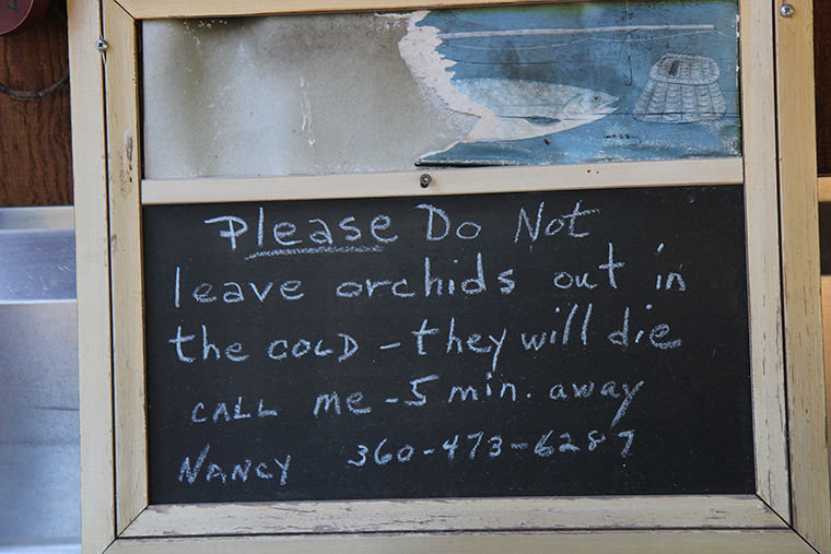 A note at an orchid drop-off station at RainCoast Farms requests that orchid donors call first, rather than leave an orchid out in the cold.