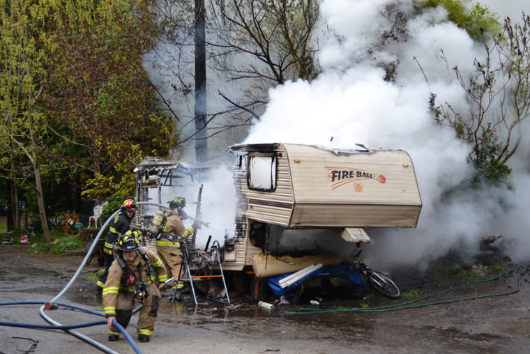 A recreational trailer in Port Hadlock was destroyed by explosion and fire late Thursday morning, April 14. The uninjured occupant is now homeless, and all of his possessions have also been destroyed, according to East Jefferson Fire Rescue. Courtesy photo by Bill Beezley, EJFR