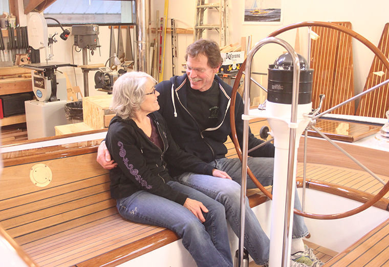 The comfortable teak cockpit of Ann and John Bailey's 49-foot schooner Sir Isaac was redone using the vacuum-bagging technique. Sir Isaac launches at 3 p.m., March 15 at Port Townsend Boat Haven. Photo by Robin Dudley