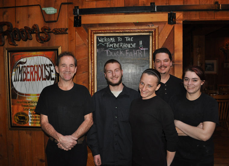 Chef Steve Serbousek, far left, of Quilcene's Timberhouse Restaurant stands with employees (from left) Josh Ulvila, Asha Weeden, Nick Fields, and Nyoka Clarkson. Leader readers voted this restaurant the best of Quilcene, Brinnon or Port Ludlow. Photo by Viviann Kuehl