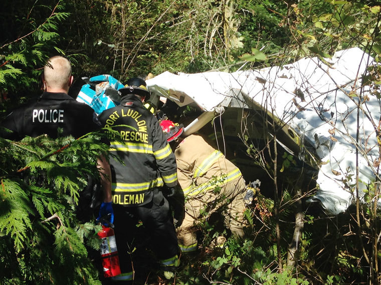 Emergency responders used a Hurst Jaws of Life to free a man and a woman from the wreckage of the small aircraft that crashed Sept. 28, 2015 at Discovery Bay Golf Course, just west of Port Townsend. East Jefferson Fire Rescue photo by Bill Beezley