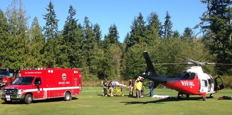 Helicopters from Airlift Northwest used Discovery Bay Golf Course as a landing area to evacuate two people injured when the small plane they were in crashed Sept. 28 on the course. Law enforcement on Monday afternoon had not confirmed the identities of the plane's occupants. East Jefferson Fire Rescue photo by Bill Beezley