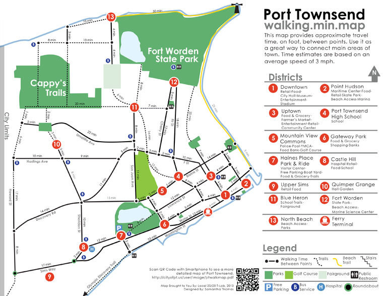 This Port Townsend Walking Map provides approximate travel time, on foot, between points. Times are estimated based on an average speed of 3 miles per hour. Source: Local 20/20