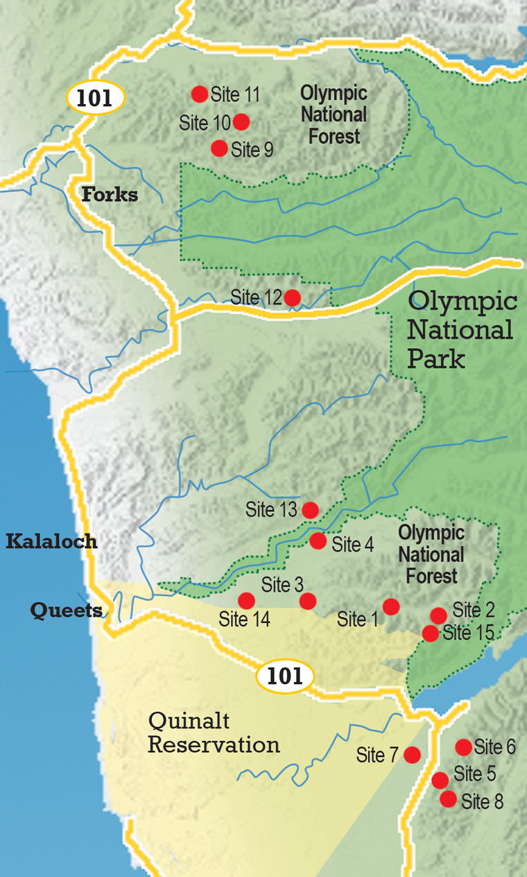This map shows the 15 sites where the U.S. Navy proposed in 2014 to send mobile electromagnetic radiation emitting trucks during its proposed training of jet electronic warfare pilots on the west end of the Olympic National Forest. Three of the sites are state property, 12 on federal property. Seven of the 15 are within Jefferson County. Map by Leader Grafix, Marian Roh