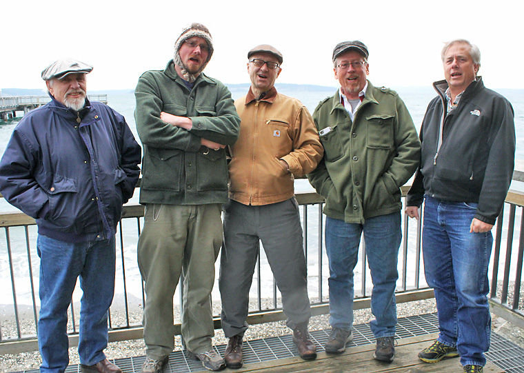 Mike James, “Tug” Buse, Jim Scarantino, Jay Hagar and Steve Blakeslee are regulars at the monthly sea-shanty sing-alongs in Port Townsend. James (left) insists it’s a “leaderless” group, but his friends give him the helm. “Number one, it’s not a talent show,” James said. “It’s free and it’s family-friendly.” Photo by Robin Dudley