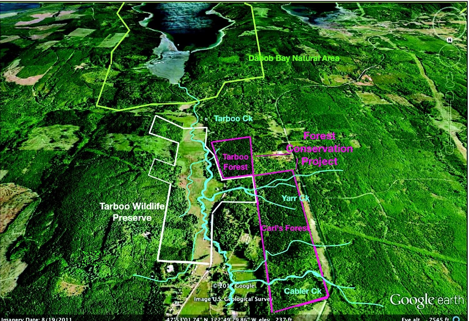 Map of the Tarboo Valley along Dabob Road showing Tarboo forestland owned by Northwest Watershed Institute, and Carl's Forest, owned by Leopold-Freeman Forests LLC, now protected under conservation easements, and adjacent to NWI's Tarboo Wildlife Preserve and Tarboo Creek.