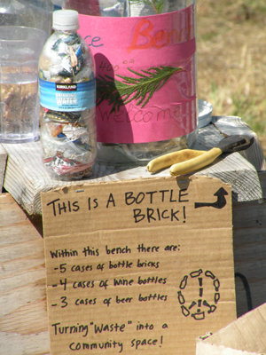 Plastic bottles stuffed with inorganic landfill trash until they are as solid as bricks are used in the construction of earthbenches. Most benches are then cemented together with clay, sand and straw to “withstand the test of time.”