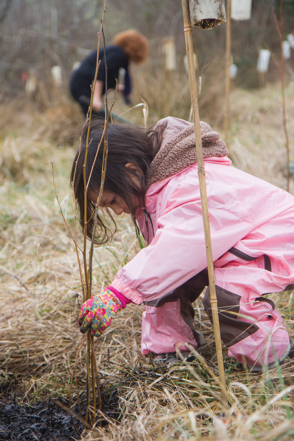 Mei Mei Galligan-Hong suited up in pink to plant trees with her mom, Molly Hong.