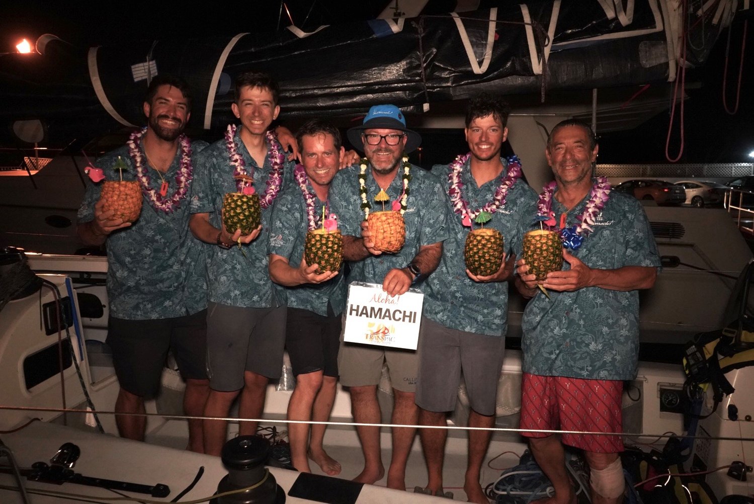 Port Ludlow sailor Matt Pistay (second from right) and Team Hamachi arrive in Honolulu having apparently won the 2019 Transpacific Yacht Race. Pistay was skipper of the boat that won the 2019 Race to Alaska: Team Angry Beaver.