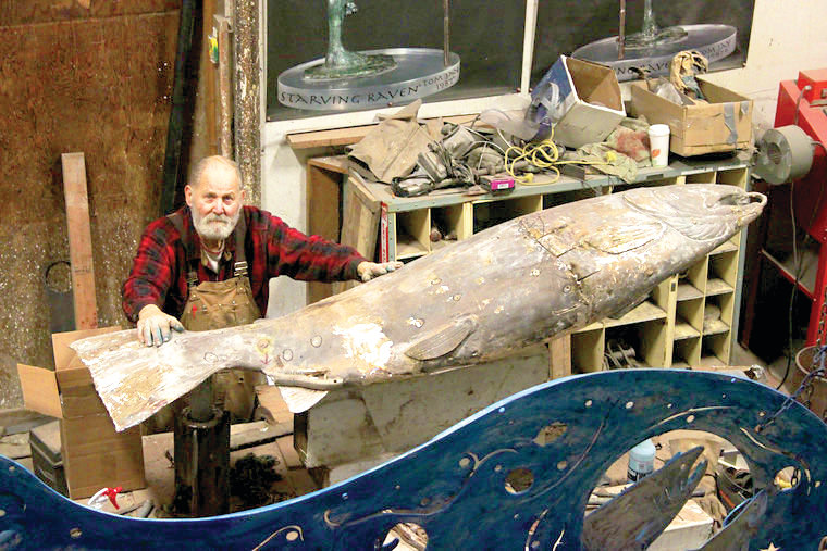 Tom Jay, pictured here at his bronze casting studio, died on Nov. 10. Two days later, the community gathered at Finnriver to remember his salmon restoration work, his poetry and his sculpture.