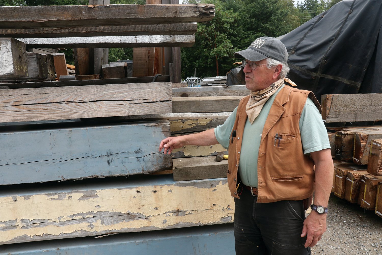 Jake Jacob of Pacific Northwest Timbers explains the provenance of the reclaimed wood that fills his lumber yard.