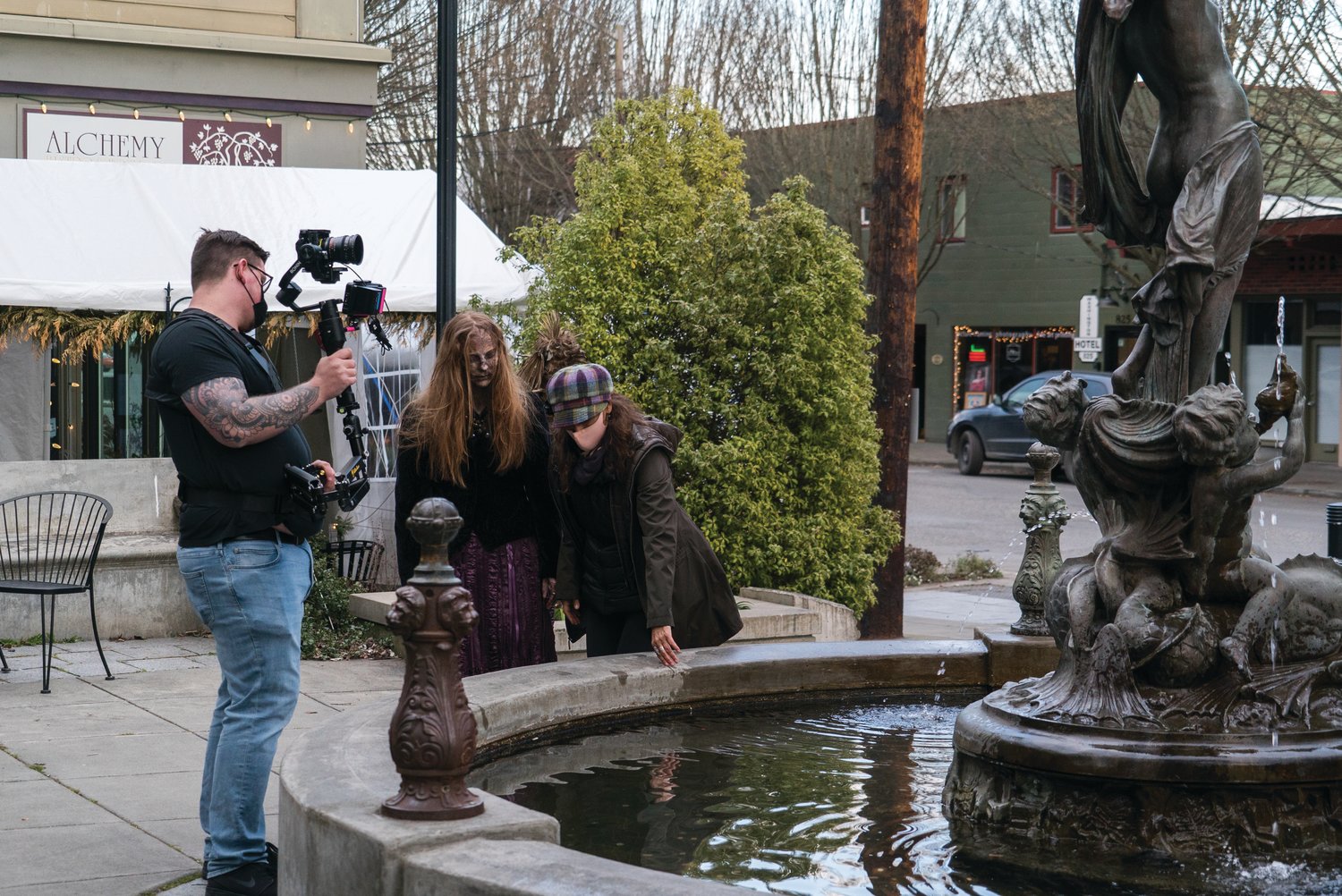 Director Maria Collette Sundeen shot most of the film’s scenes in downtown Port Townsend. Here, Sundeen instructs her actor for a scene shot at the Haller Fountain on Washington Street.