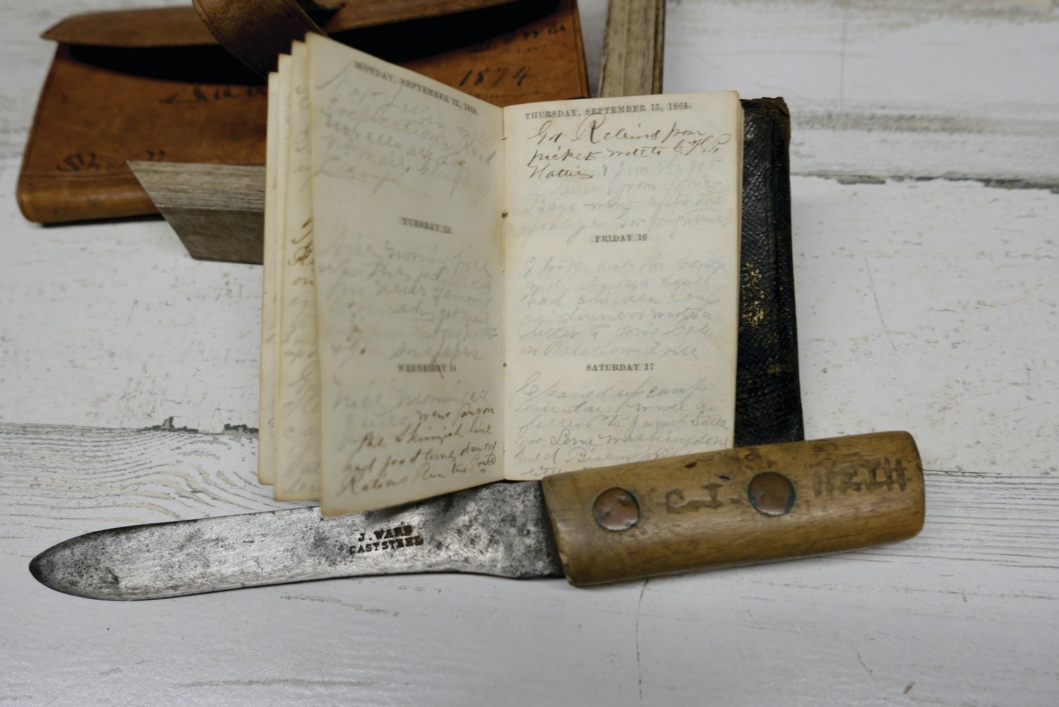 Cephas B. Hunt’s pocket diary and knife — engraved with his initials — travelled with him throughout the Civil War from Illinois to Georgia and back.