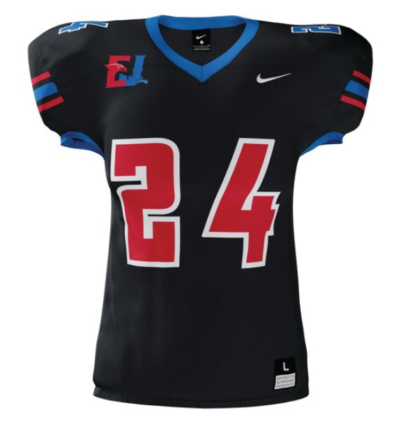 The football home jersey will be black, while the away jersey will be white. The Rivals logo adorns the right collarbone area of the uniform, with blue and red trim throughout.