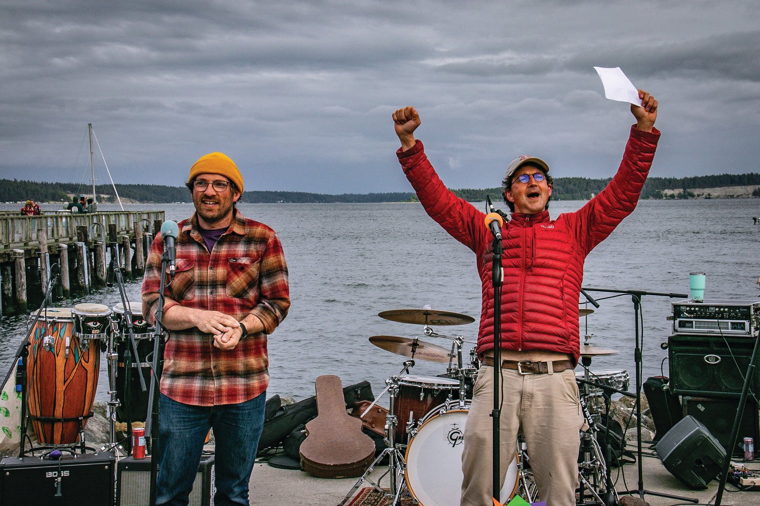 Race Marshal Jesse Weigle and Race Boss Daniel Evans of Seventy 48 and Race to Alaska celebrate following a successful outing on the water, with a record number of participants this year.