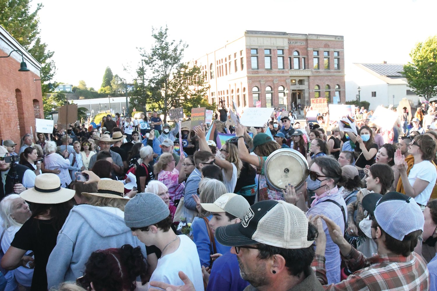 A crowd of 200-plus protesters surrounded anti-trans speakers at the Cotton Building next to Pope Marine Park Monday evening in Port Townsend.