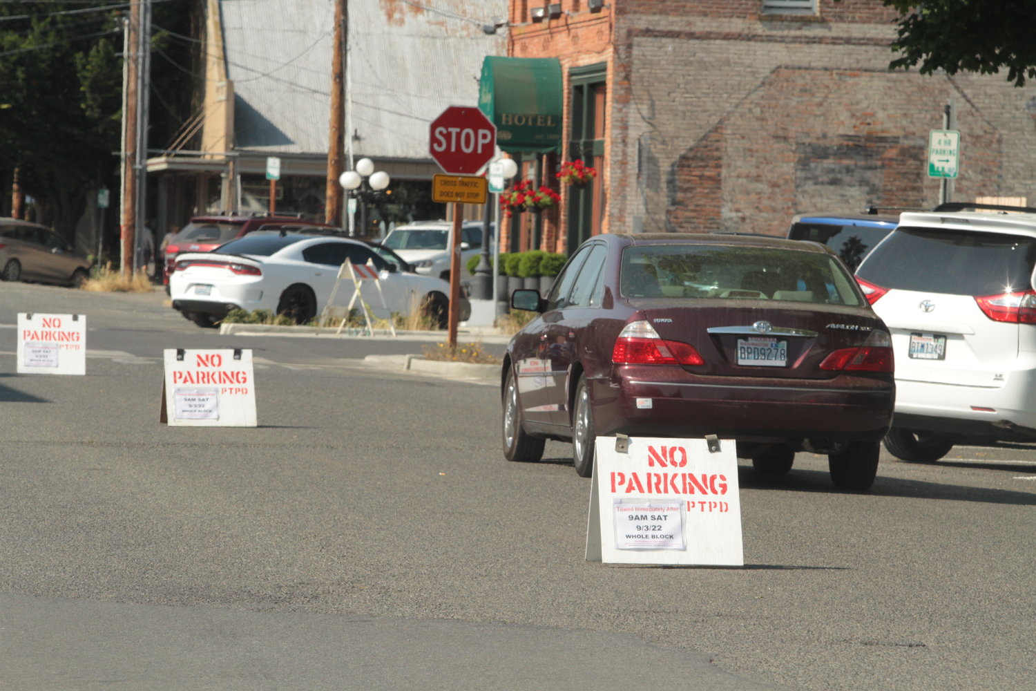 Signs line the median of Washington Street Friday morning.