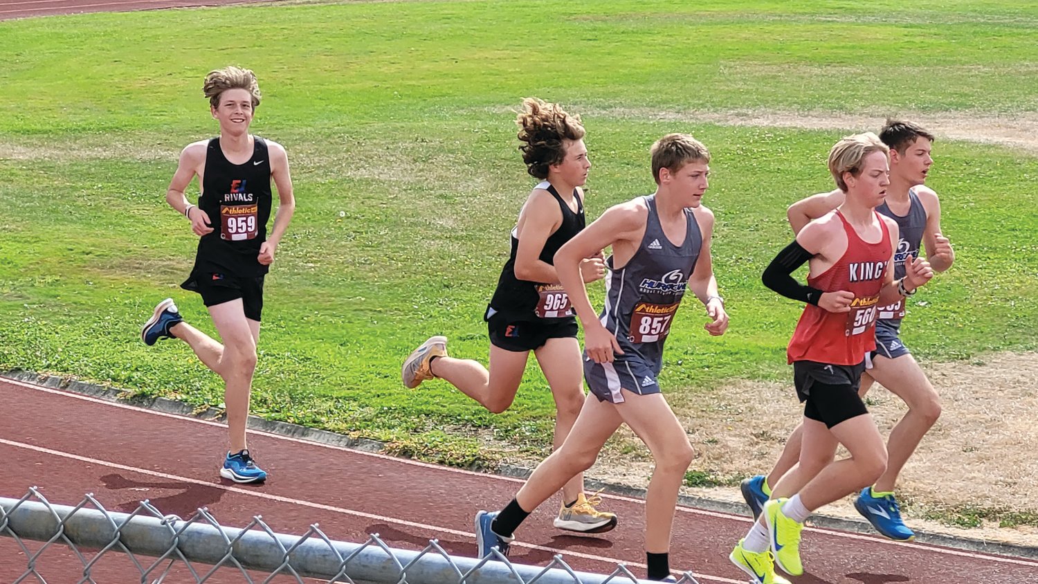 Indigo Gould (left) and Grady White (middle-left) round the corner during Saturday’s South Whidbey Carl Westling Invite on Whidbey Island.