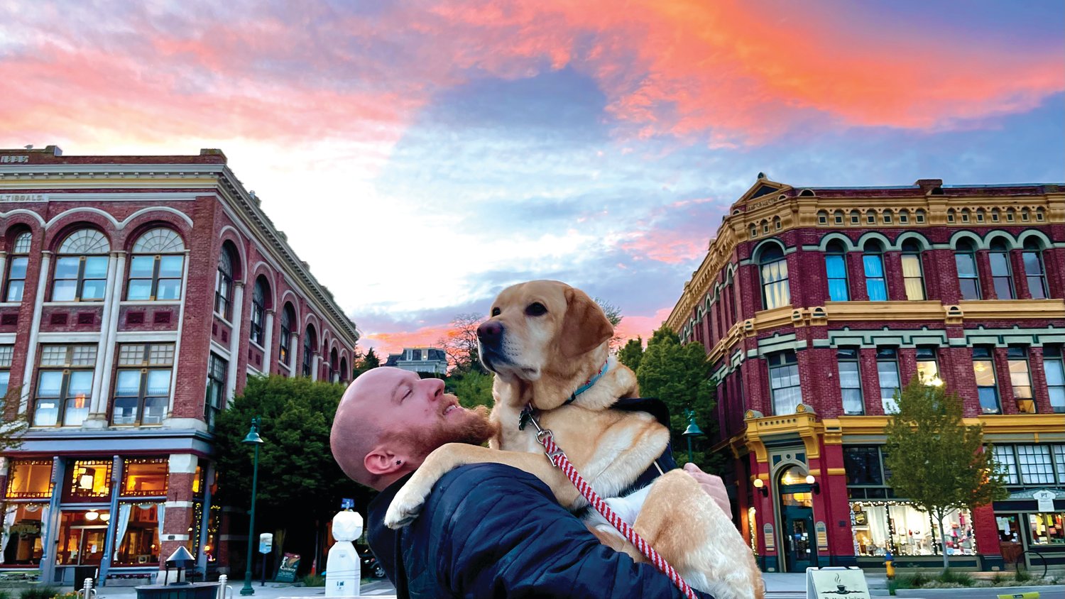 Port Townsend resident and Marine Corps veteran Zaque Harig with his beloved service dog Freedom in downtown Port Townsend.