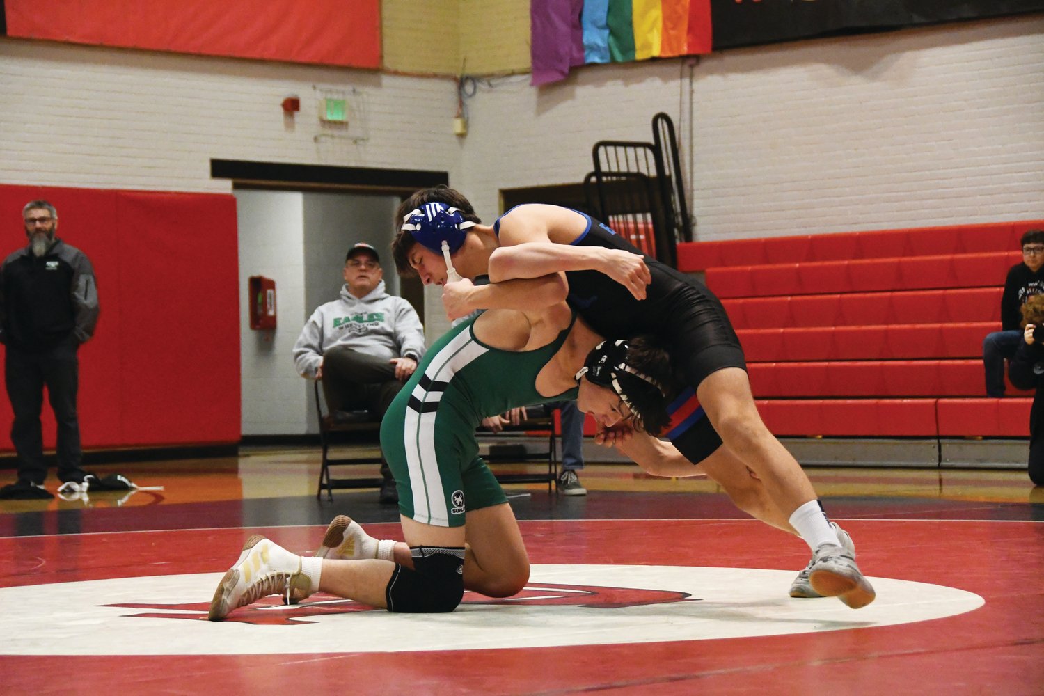 Rylan Dunn, top, of the Rivals grapples his Klahowya opponent on the way to a win via pin.