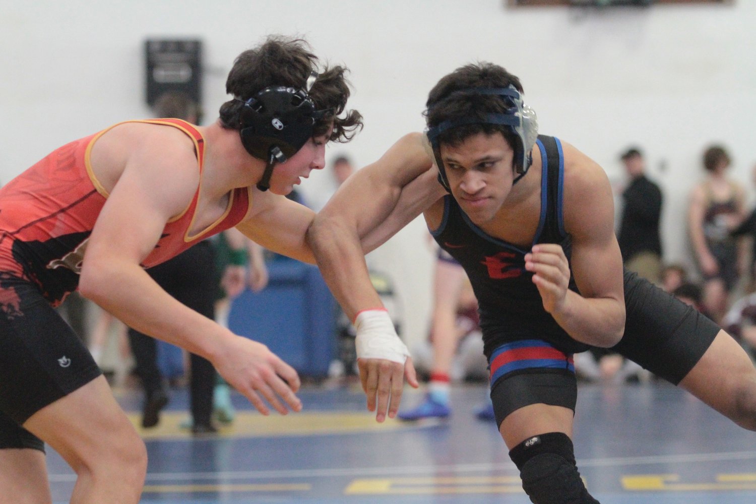 Rivals freshman Manaseh Lanphear Ramirez grapples with his opponent on Saturday. Lanphear Ramirez went 3-2 overall in the Bainbridge-based tourney to earn fourth place in the 145-pound weight class.