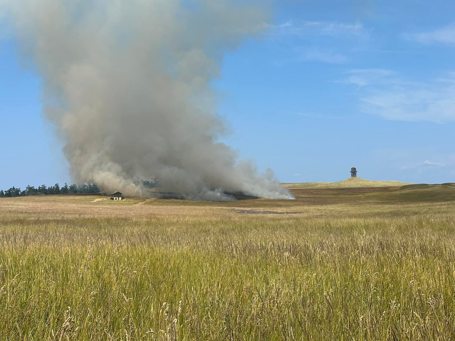A fire of unknown origin blazed Wednesday afternoon on Protection Island.