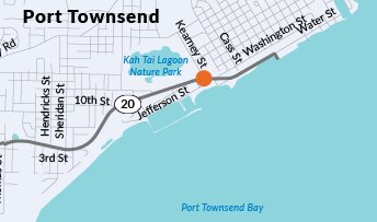 A map of Port Townsend with a dot noting the location of the roundabout on State Route 20.